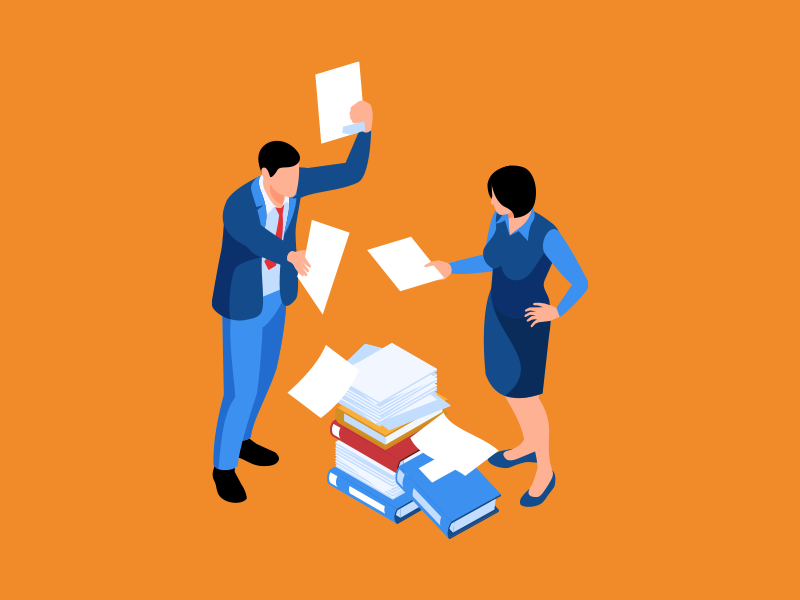 People surrounded by piles of documents showing inefficiency of manual processes