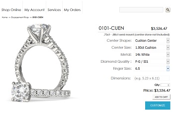Screenshot of jewelry e-commerce page with diamond ring order form representing sales automation
