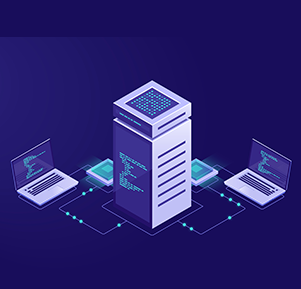 Illustration of server with laptops representing blockchain network