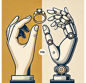 Robot and human hands showing generative jewelry design