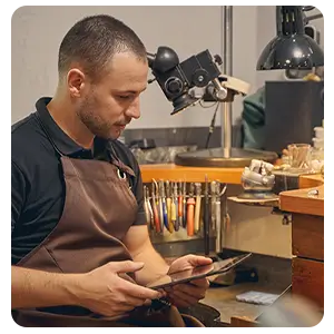 Jeweler using jewelry management software on tablet