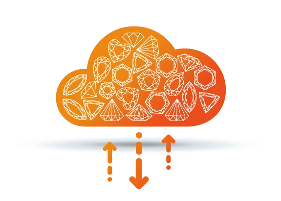 Orange cloud icon filled with jewelry shapes symbolizing PIRO Fusion cloud ERP