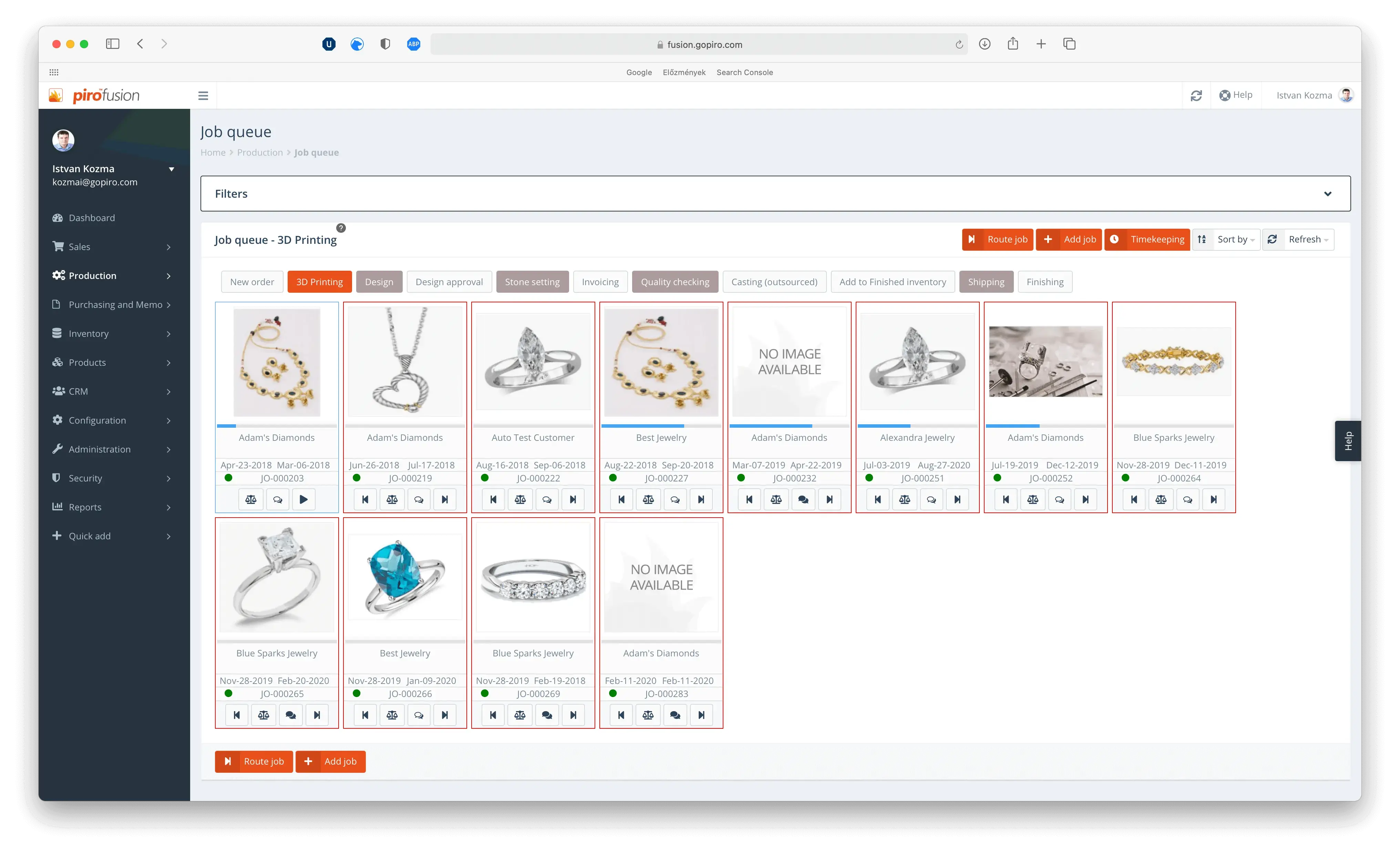Screenshot of PIRO Fusion job queue dashboard with jewelry production tasks