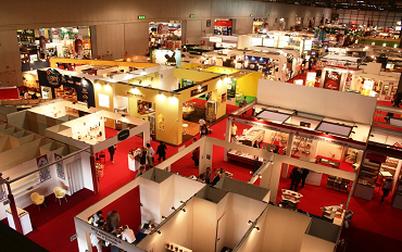 Exhibition hall with booths at jewelry industry tradeshow